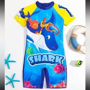 Boy Cartoon Printed Colorblock Short Sleeve Swimsuit With Back Zipper